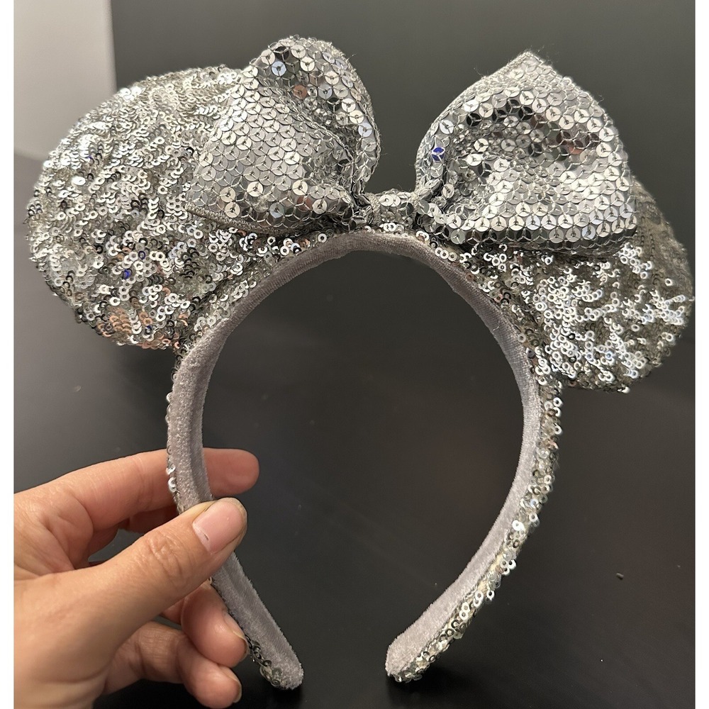 *Disneyland Parks Mickey Minnie Mouse Ears‎ Silver Sequin Ear Hat Headband Bow